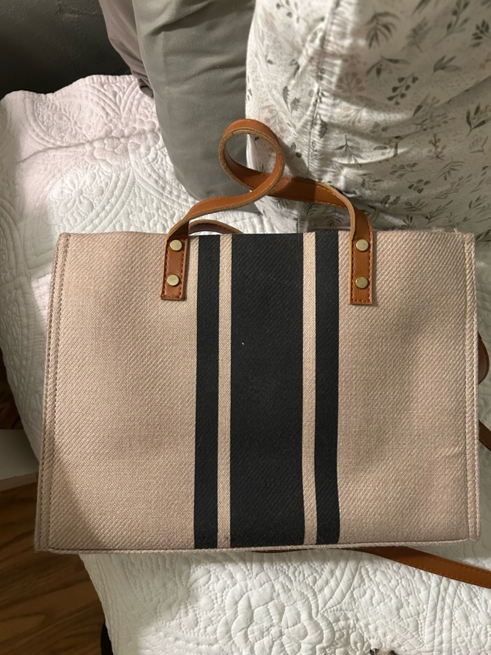 Striped Canvas Tote Bag Black with Tan Leather Handles